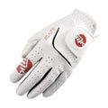 A white golf glove is displayed with visible stitching and perforations for grip the glove is positioned slightly open as if ready for wear or use in a game