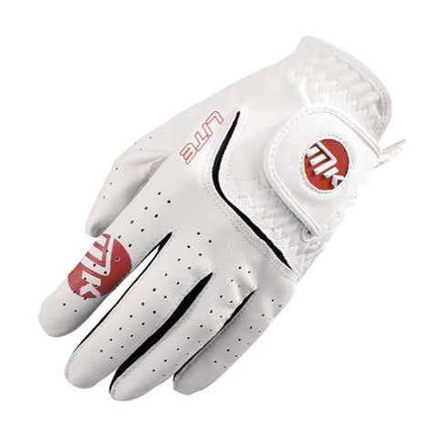 A white golf glove is displayed with visible stitching and perforations for grip the glove is positioned slightly open as if ready for wear or use in a game