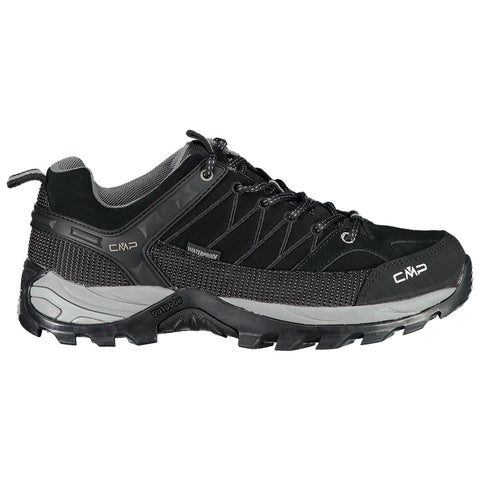 A black waterproof hiking shoe features a rugged design with a textured surface and a sturdy sole designed for outdoor use and providing grip on various terrains.