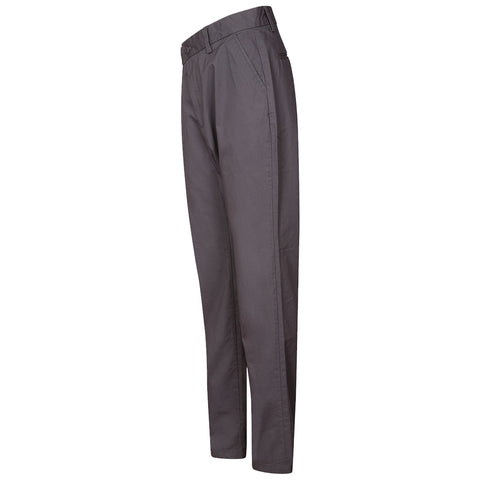 Gray pants stand upright showcasing their straight leg design with a waistband and belt loops in a simple, uncluttered background resembling a product display for clothing.