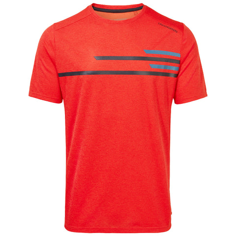 A bright red short-sleeved t-shirt features horizontal black and blue stripes across the chest showcasing a sporty design meant for active wear. It is displayed against a white background.