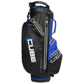 A golf bag is upright displaying its varied compartments and zippers in black and blue colors features a large white logo labeled CUBE in a clean sporty design.