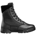 A black combat boot with a high ankle features a smooth leather exterior and fabric panels. It has six pairs of eyelets for laces and a rugged sole designed for traction.