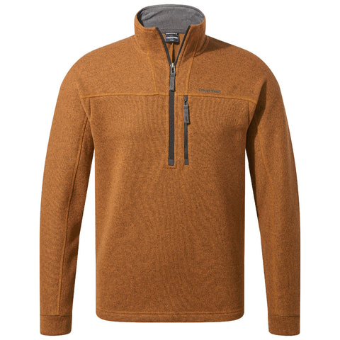 A brown fleece pullover with a quarter-zip collar features a gray inner lining and contrasting zipper details while being displayed against a neutral background.