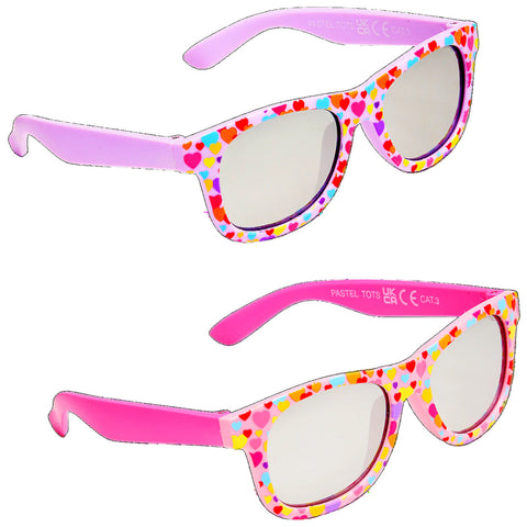 Colorful heart-patterned sunglasses are displayed with one pair in pastel colors and the other in bright pink. They are designed for children and showcase a playful, vibrant style.