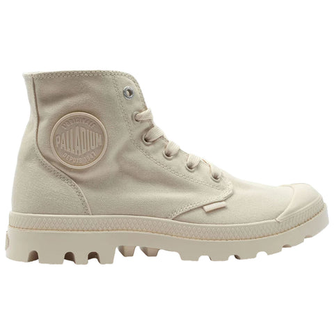 A light beige high-top shoe with a rubber toe cap and textured sole is displayed sideways. It features laces along the front and a simple design suitable for casual wear.