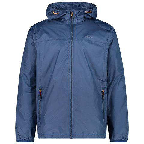 A blue waterproof jacket with a hood is displayed front-facing unzipped featuring two side pockets and orange zipper accents designed for outdoor use and protection against the elements.