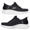 Black athletic shoes with a textured upper and a white sole are displayed from two angles showcasing their design and branding as Skechers Slip-Ins. The shoes are intended for casual wear or exercise.