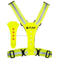 A bright yellow reflective safety harness features adjustable straps and multiple LED lights for visibility in low light conditions designed for outdoor activities or nighttime use.