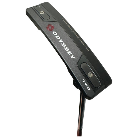 A golf putter with a sleek black finish and the brand name "Odyssey" is displayed angled to the side showcasing its tungsten-loaded front design and adjustable weights for balance.