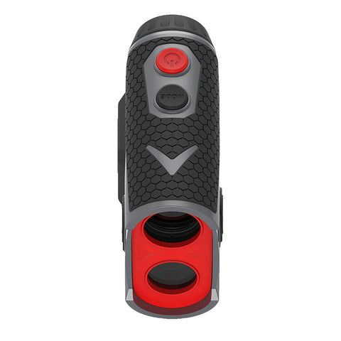 A handheld device with a textured black and red exterior features two viewing lenses at the front and buttons for operation on the side intended for distance measurement or observation in various environments.