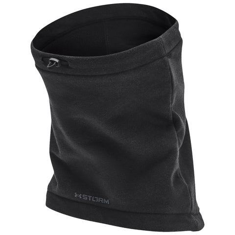 A black neck gaiter stands upright showcasing its soft fabric designed for warmth. The context suggests it is intended for outdoor or cold weather activities. The brand name is visible at the bottom.