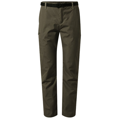 Khaki pants with a belt are displayed standing straight. The context suggests casual or outdoor wear, suitable for various activities like hiking or daily errands.