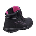 A black boot with pink accents stands upright highlighting its sturdy design laced for secure fit and featuring a padded collar showcasing a practical style suitable for outdoor activities