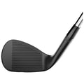 A black golf club head is positioned on its side showcasing the flat face with grooves and the angled shaft extending upward against a plain white background.