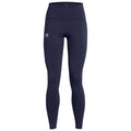 Navy blue athletic leggings are displayed standing upright featuring a high waistband and a logo on the lower side designed for comfort during workout activities.