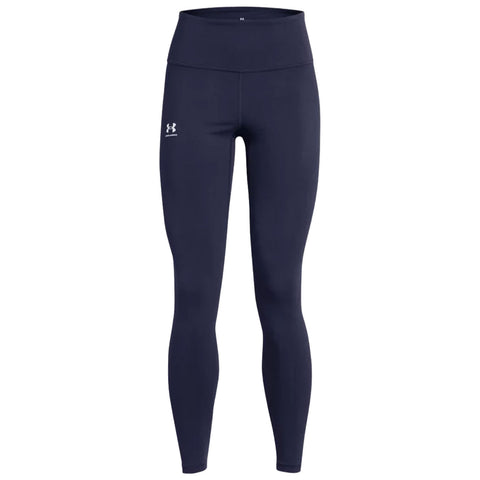 Navy blue athletic leggings are displayed standing upright featuring a high waistband and a logo on the lower side designed for comfort during workout activities.