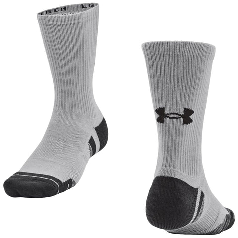 A pair of gray athletic socks is displayed standing upright with a black logo on the side and dark sections on the toe and heel showcasing a performance design suitable for sports.