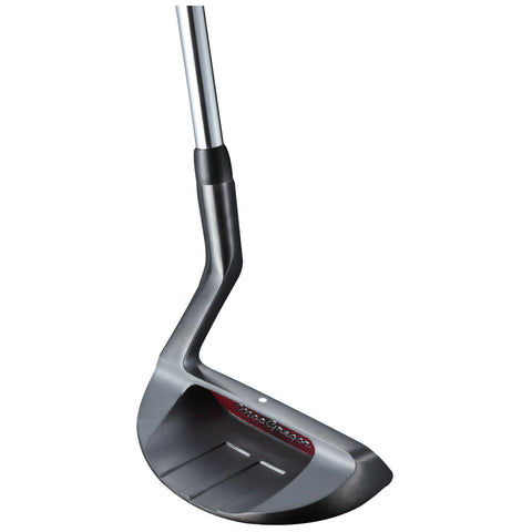 A golf putter stands upright with a sleek metal head featuring grooves on the face and a straight shaft attached to a black grip, set against a plain white background.