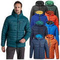 A man wearing a teal puffer jacket stands confidently while various colorful puffer jackets hang in the background showcasing options like navy orange and green in a retail setting.