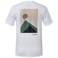 A white t-shirt displays a graphic design featuring mountains in green and blue hues with a purple circle above them against a neutral background and includes the brand name Berghaus at the bottom.