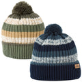 Two knitted winter hats are shown with pom-poms on top each featuring distinct striped patterns in earthy tones and blue shades set against a white background.