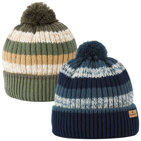 Two knitted winter hats are shown with pom-poms on top each featuring distinct striped patterns in earthy tones and blue shades set against a white background.