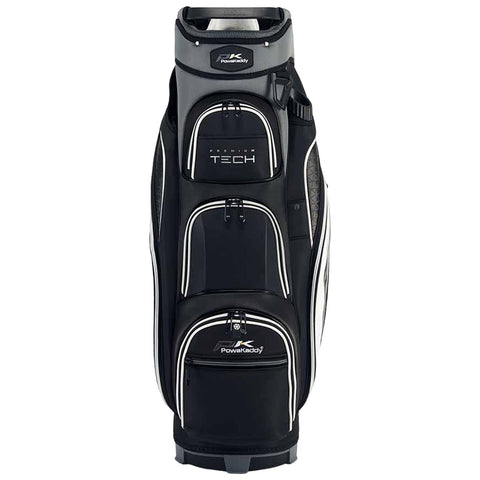 A black golf bag stands upright featuring multiple storage pockets and a padded top section designed for clubs located in a neutral setting with no specific environmental features visible.