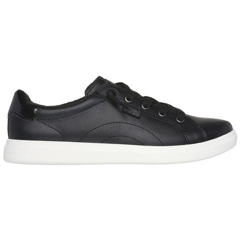 Black athletic shoe with a smooth leather upper features a white rubber sole and lacing system poised on a plain background showcasing its design and color.