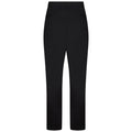 Black trousers are displayed upright showcasing a straight-leg design and no visible embellishments in a plain, uncluttered setting emphasizing their simple and classic style