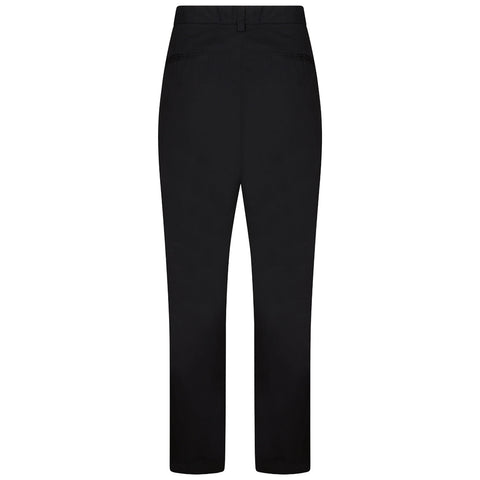 Black trousers are displayed upright showcasing a straight-leg design and no visible embellishments in a plain, uncluttered setting emphasizing their simple and classic style