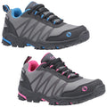 Two pairs of sporty shoes are displayed. One pair features a gray body with blue accents while the other has a gray body with pink accents. Both show rugged soles for outdoor use.