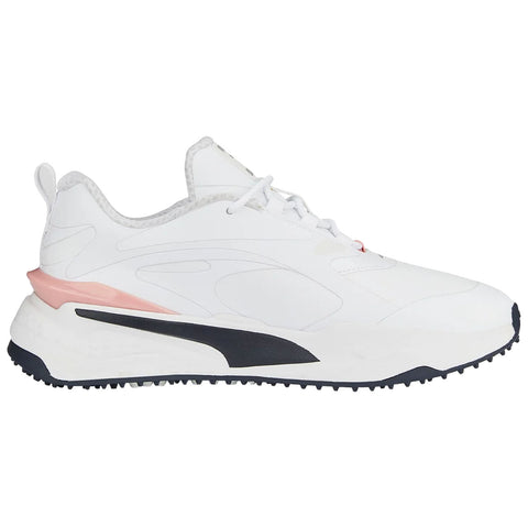 A white athletic shoe features a sleek design with a pink heel and a black stripe on the side placed against a neutral background suitable for sports or casual wear.