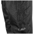 A black waterproof fabric shows droplets of water on its surface with a visible zipped pocket and a CMP logo prominently displayed towards the bottom right section.