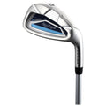 A golf club is positioned vertically showcasing its shiny stainless steel head with a blue and silver design the brand MacGregor is prominently displayed on the side.