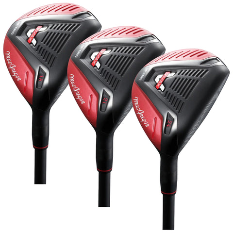 Three golf clubs are aligned closely together displaying a black and red design with adjustable weights marked 18 21 and 24 indicating their loft angles ideal for different shot distances.