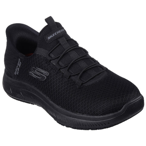 A black athletic shoe features a mesh upper and elastic laces designed for comfort. The shoe is positioned at an angle against a plain background, suggesting use for running or casual wear.