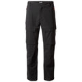 Black cargo pants with multiple pockets are displayed standing upright. The fabric appears durable and suitable for outdoor activities, designed for practicality and ease of movement.