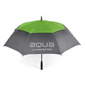 A large umbrella with a green top and gray panels provides UV protection with the text aqua UV-PROTECTION prominently displayed on its surface set against a plain white background.