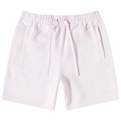 Light pink shorts are displayed with an elastic waistband and drawstrings The shorts have side pockets and a subtle logo on the lower right side