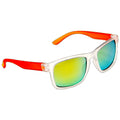 Colorful sunglasses with a transparent frame and orange arms reflect light in a gradient from green to blue creating a vibrant summer accessory against a plain background.