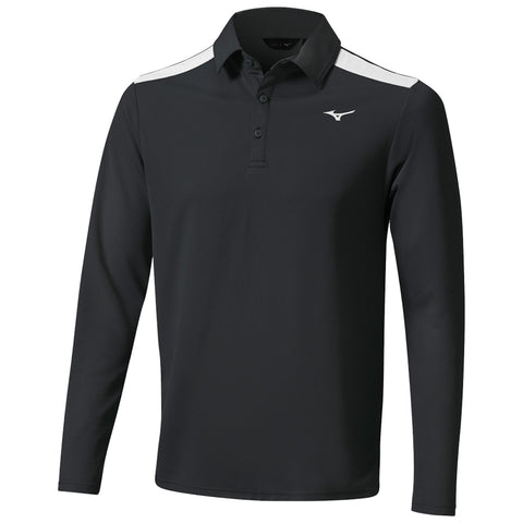 A long-sleeve dark green polo shirt features a collar and three buttons in the front with white stripes on the shoulders and a logo on the chest, suitable for casual or athletic wear.