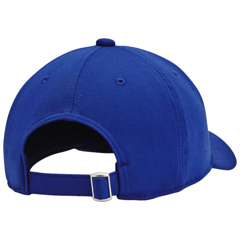 A blue baseball cap is displayed with a curved brim and an open back featuring an adjustable strap and metal buckle set against a plain white background.