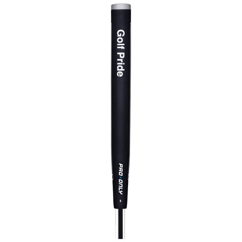 A black golf grip labeled Golf Pride Pro Only stands upright showcasing its smooth texture and design on a silver shaft, suggesting it's ready for use in a golfing context.