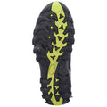 A black and green athletic shoe sole with deep treads shows a design for traction with a mix of textures and shapes that suggest outdoor use on varied terrains.