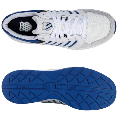 A pair of athletic shoes features a white upper with blue accents and branding. They are positioned for display with the inner sole visible, highlighting their design and durability.