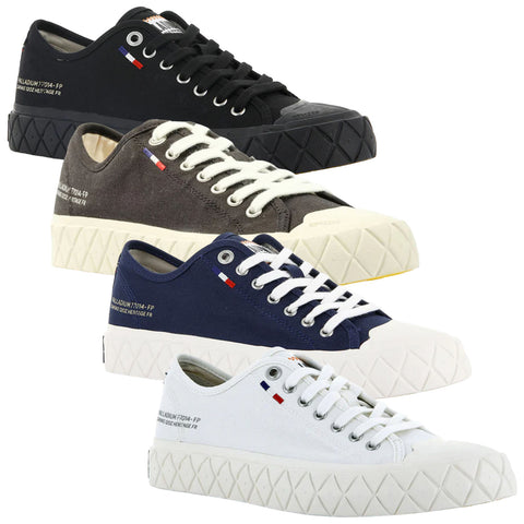 Four pairs of sneakers are displayed in a row featuring various colors including black gray navy and white with unique textured soles and visible laces showcasing casual footwear design.