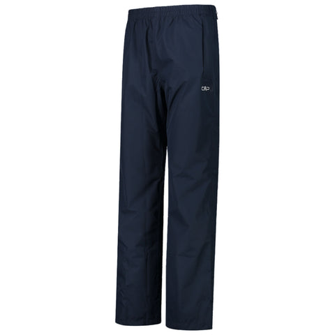 Navy blue waterproof pants stand upright showing an elastic waistband and a side pocket designed for outdoor activities in wet conditions. The fabric appears smooth and lightweight.