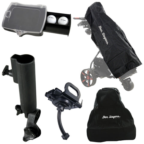 Golf accessories are displayed including a golf ball case with two balls a golf cart cover a mounting bracket and a carrying bag all set against a white background.