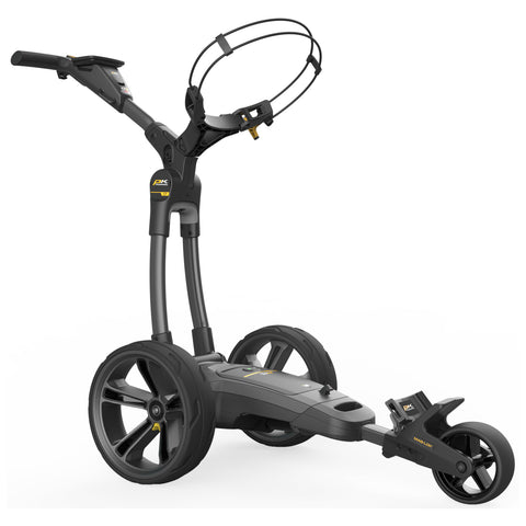 A golf pushcart features a sturdy frame with three wheels and a handlebar for steering accommodating a golf bag while providing stability and ease of movement on the course.